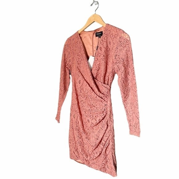NWT Bardot Dress Isla Long Sleeve Lace Ruched Mini Copper Rose Size Small NEW - Picture 2 of 14